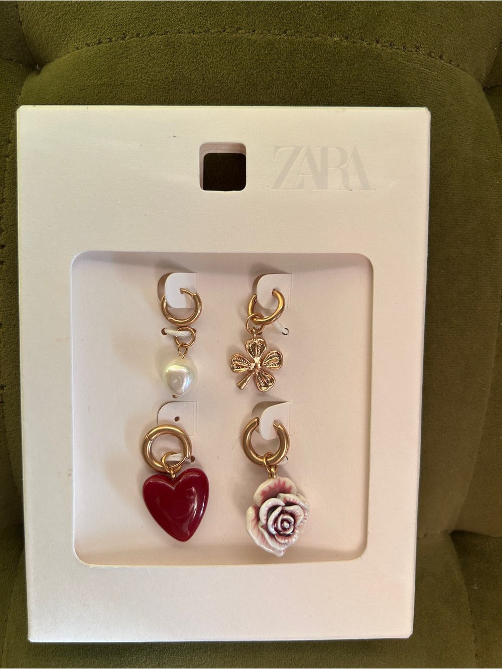 ZARA Gold-Tone Earrings with Red Heart & Pink Rose Charms